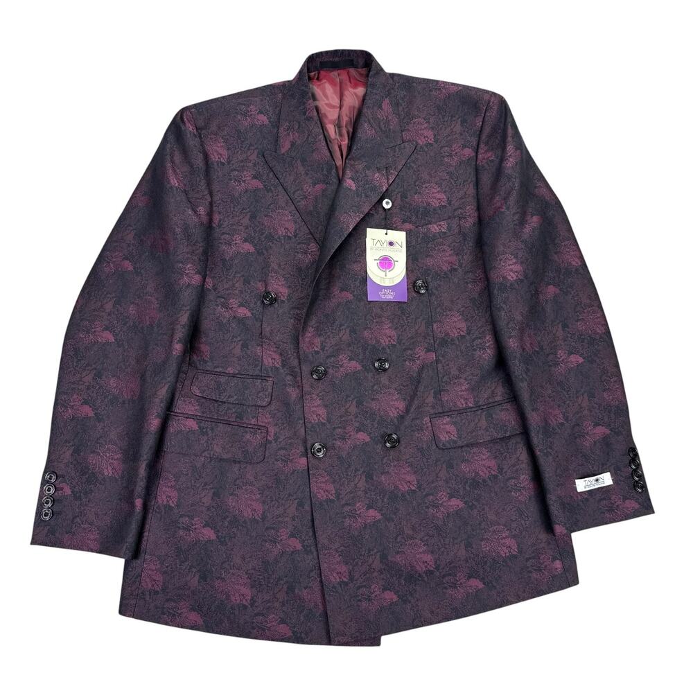 Tayion Mens Classic Fit Jacquard Double-Breasted Suit Jacket Wine Red Black 42R